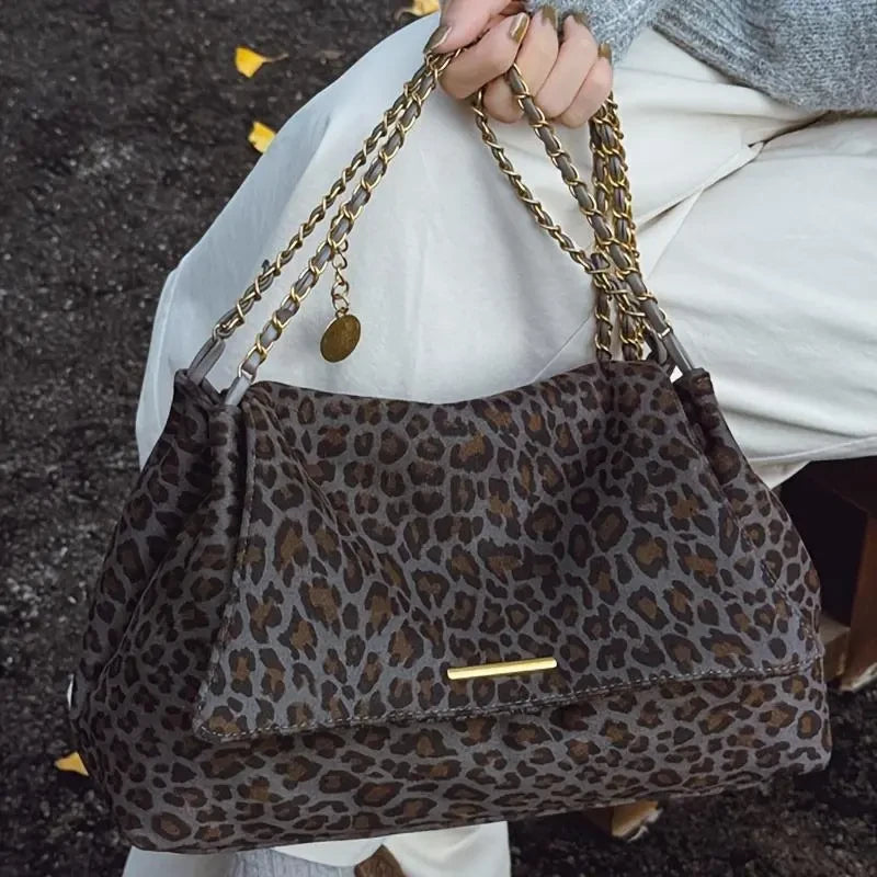 Faux Suede Leopard Print Shoulder Bag