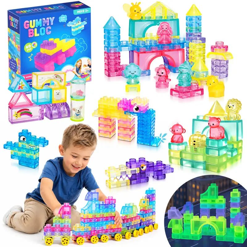 JOYSPOT Gummy Blocks Squishy Jelly Texture, Multi-Color Stacking Building Blocks Toy, Non-Toxic Sensory Play School Use, Safe Squeezable & Stretchable Stress-Relief,Gift for Kids Early Learning Preschool STEM ADHD Bathtoy Christmas Gifts, Halloween Gifts