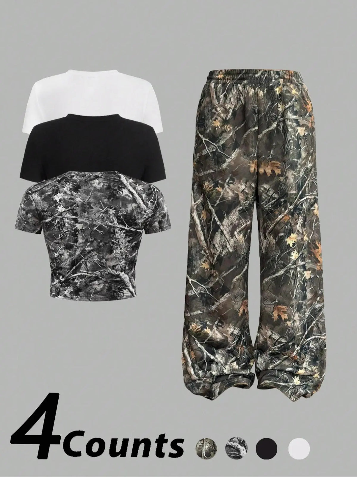 Women'S Camo Print Crop round Neck Tee & Overlap Waist Wide Leg Pants Set, Casual Streetwear Set, Casual Slim Short Sleeve T-Shirt & Trousers for Daily Wear, Ladies Summer Clothes, Clothing, Womenswear, Cropped Top Set, Casual Fashion Set