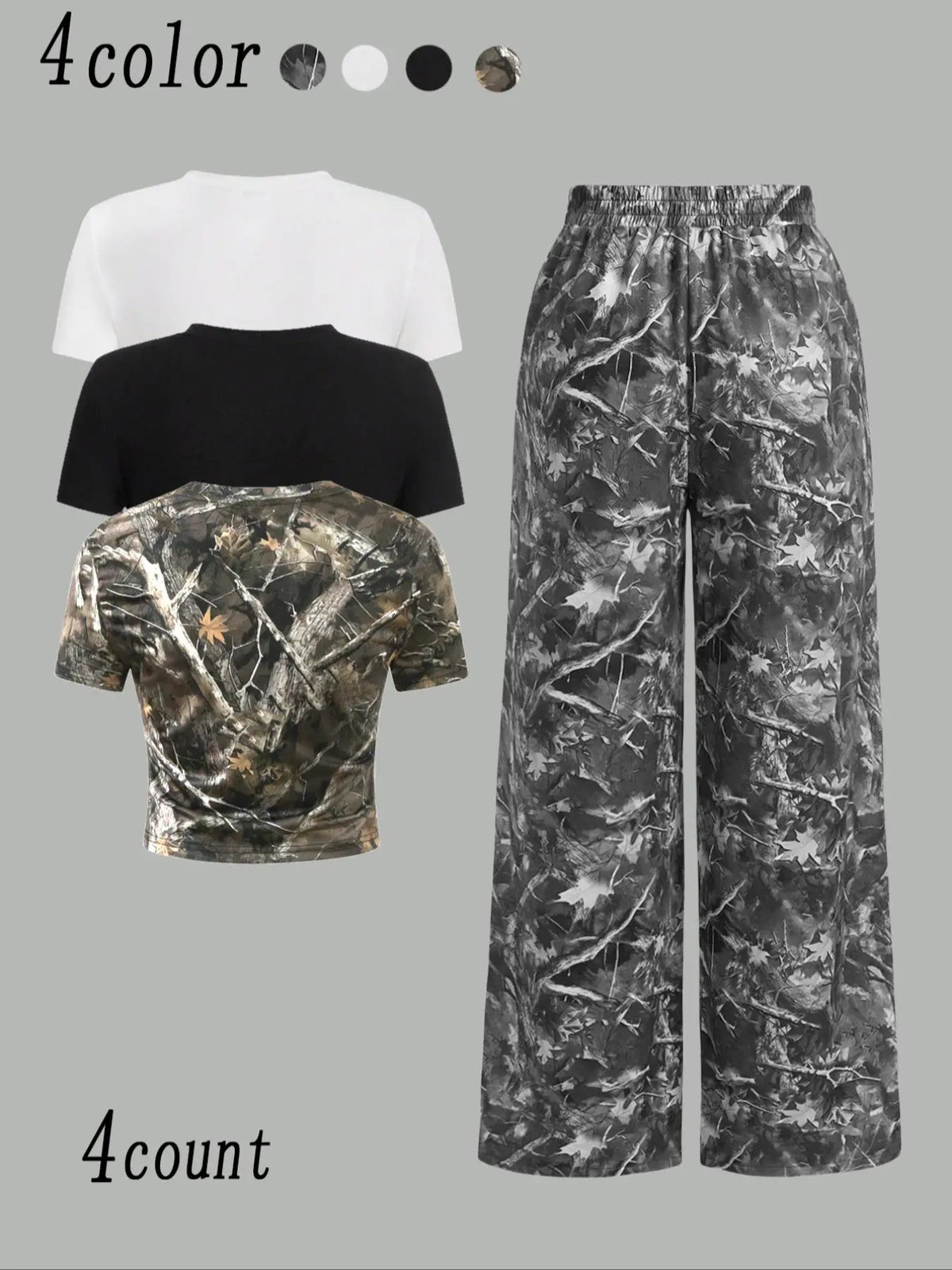 Women'S Camo Print Crop round Neck Tee & Overlap Waist Wide Leg Pants Set, Casual Streetwear Set, Casual Slim Short Sleeve T-Shirt & Trousers for Daily Wear, Ladies Summer Clothes, Clothing, Womenswear, Cropped Top Set, Casual Fashion Set