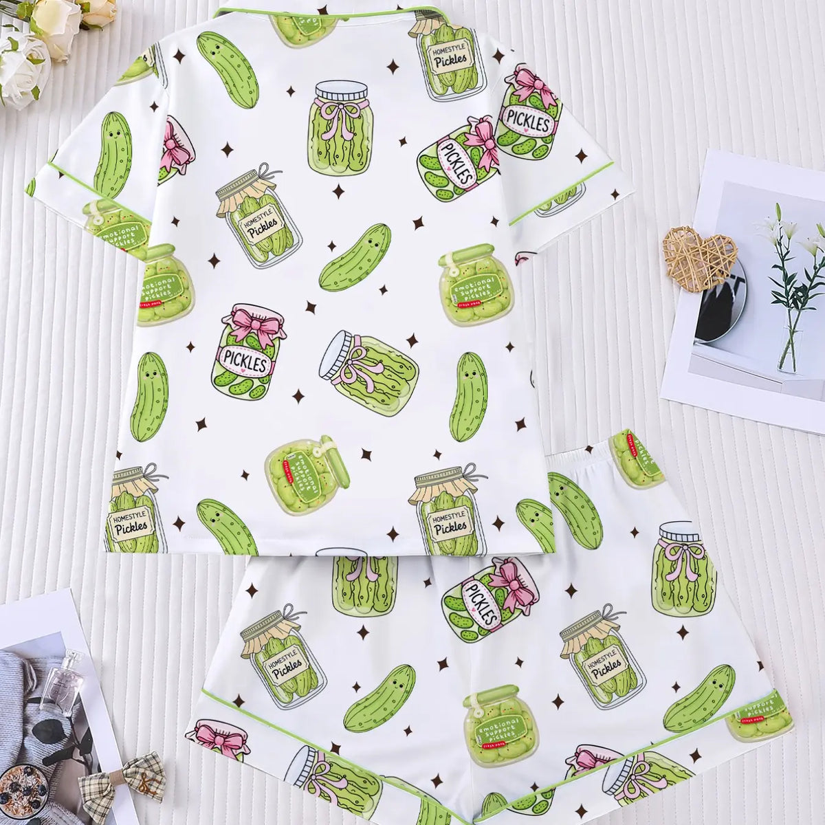 Women'S 2-Piece Pajama Set, Nightwear, Pjs, Cartoon Print, Casual Fitted Style, Short Sleeve Shirt & Elastic Shorts, Comfortable Home Wear, Loungewear, Romantic Gift, Homewear, Pajama Lounge Sets, Pajama Clothes