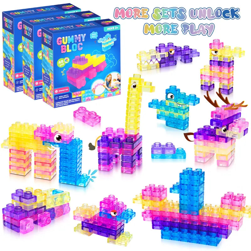 JOYSPOT Gummy Blocks Squishy Jelly Texture, Multi-Color Stacking Building Blocks Toy, Non-Toxic Sensory Play School Use, Safe Squeezable & Stretchable Stress-Relief,Gift for Kids Early Learning Preschool STEM ADHD Bathtoy Christmas Gifts, Halloween Gifts