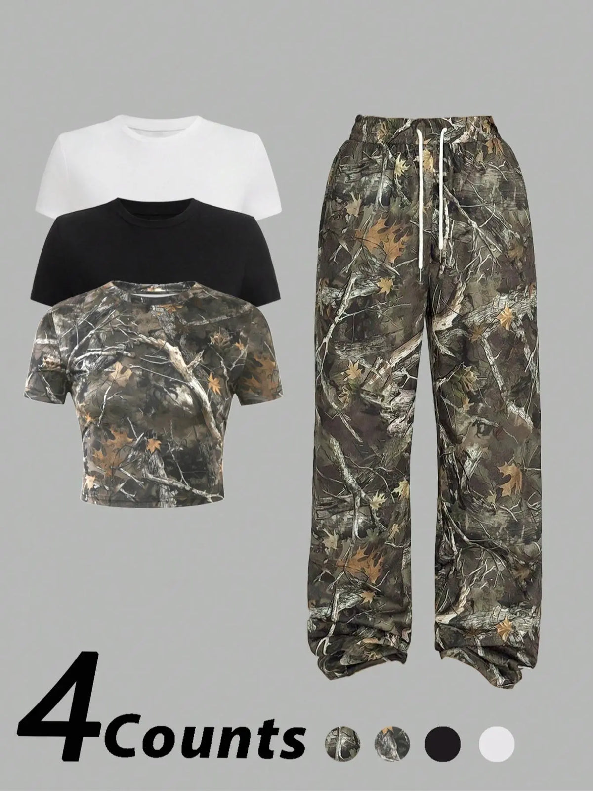 Women'S Camo Print Crop round Neck Tee & Overlap Waist Wide Leg Pants Set, Casual Streetwear Set, Casual Slim Short Sleeve T-Shirt & Trousers for Daily Wear, Ladies Summer Clothes, Clothing, Womenswear, Cropped Top Set, Casual Fashion Set