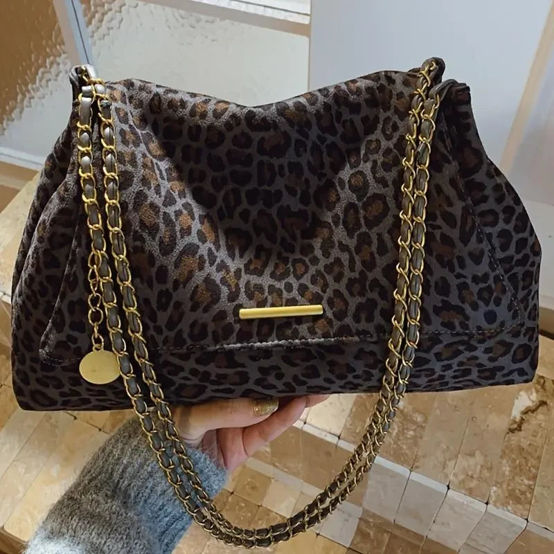 Faux Suede Leopard Print Shoulder Bag
