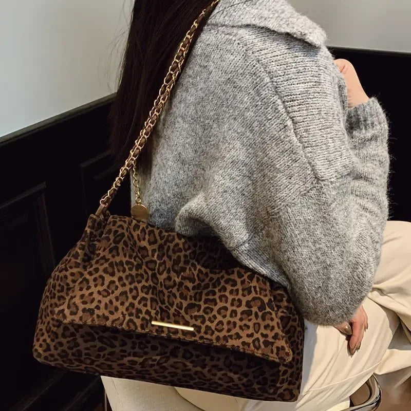 Faux Suede Leopard Print Shoulder Bag