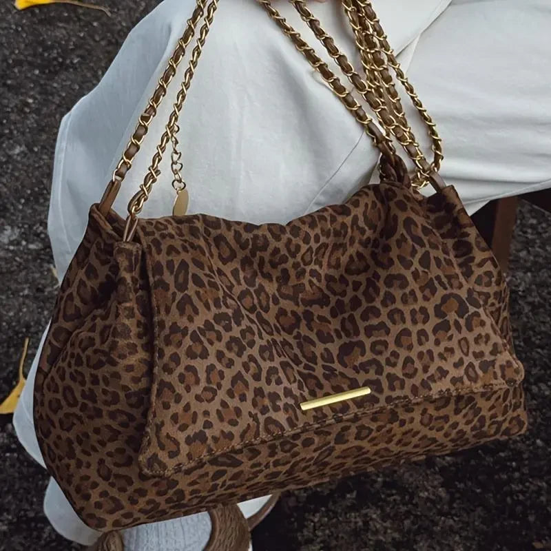 Faux Suede Leopard Print Shoulder Bag