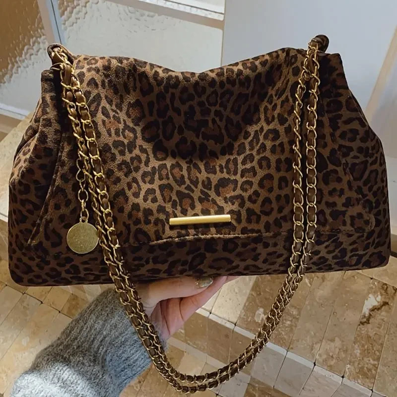 Faux Suede Leopard Print Shoulder Bag