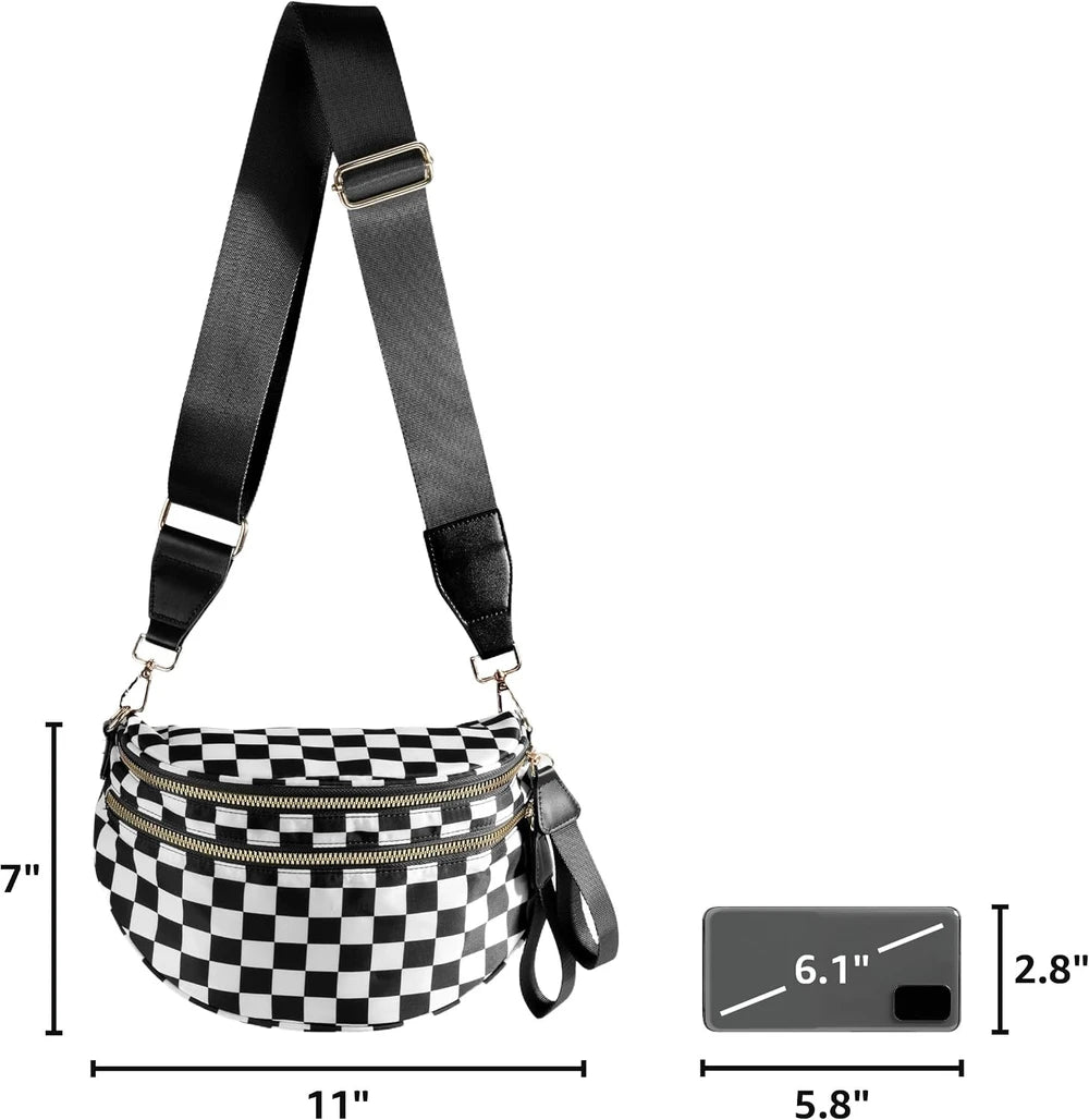 Spacious Checkered Nylon Crossbody Bag