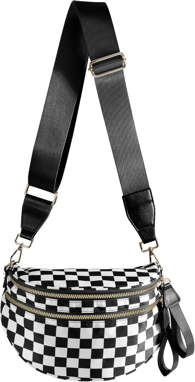 Spacious Checkered Nylon Crossbody Bag