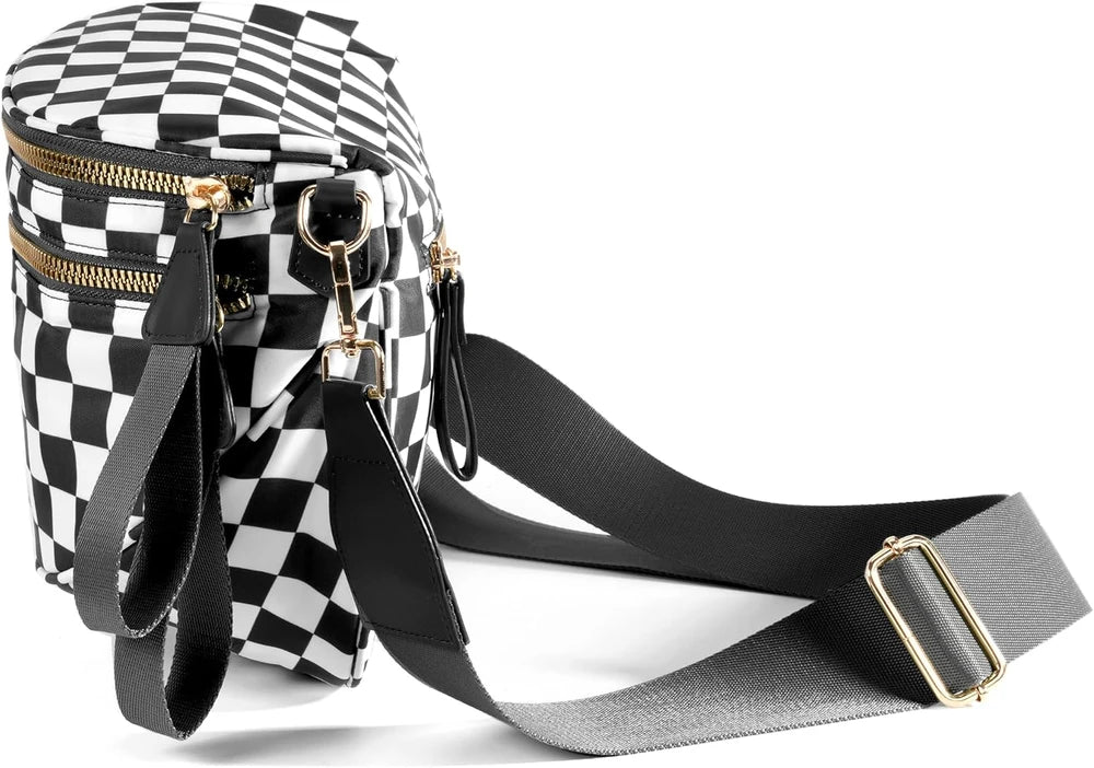 Spacious Checkered Nylon Crossbody Bag