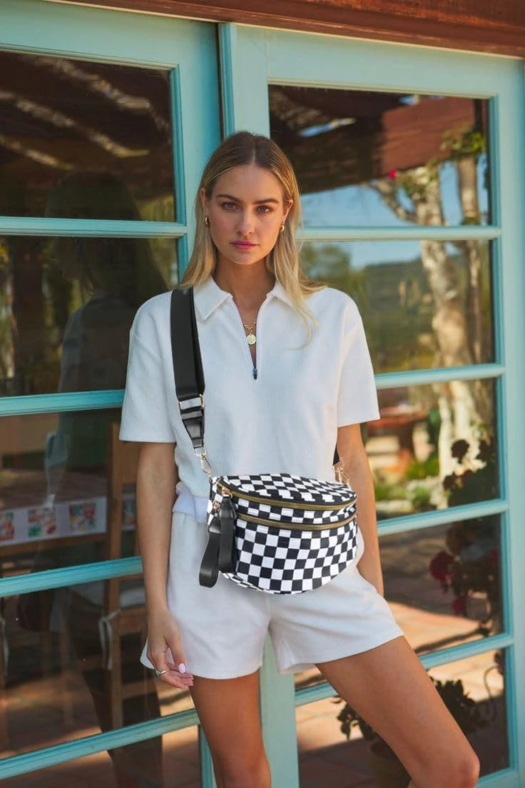 Spacious Checkered Nylon Crossbody Bag