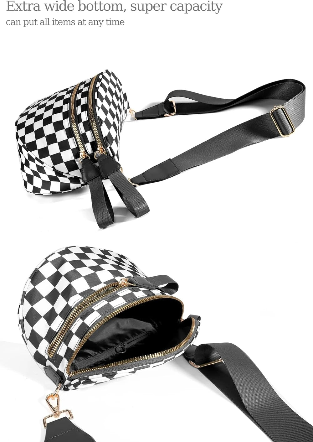 Spacious Checkered Nylon Crossbody Bag