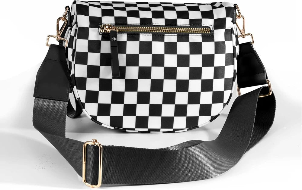 Spacious Checkered Nylon Crossbody Bag