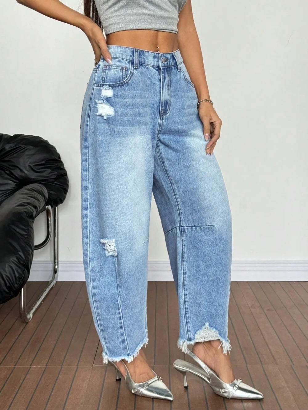 Distressed Wide Leg Denim Jeans