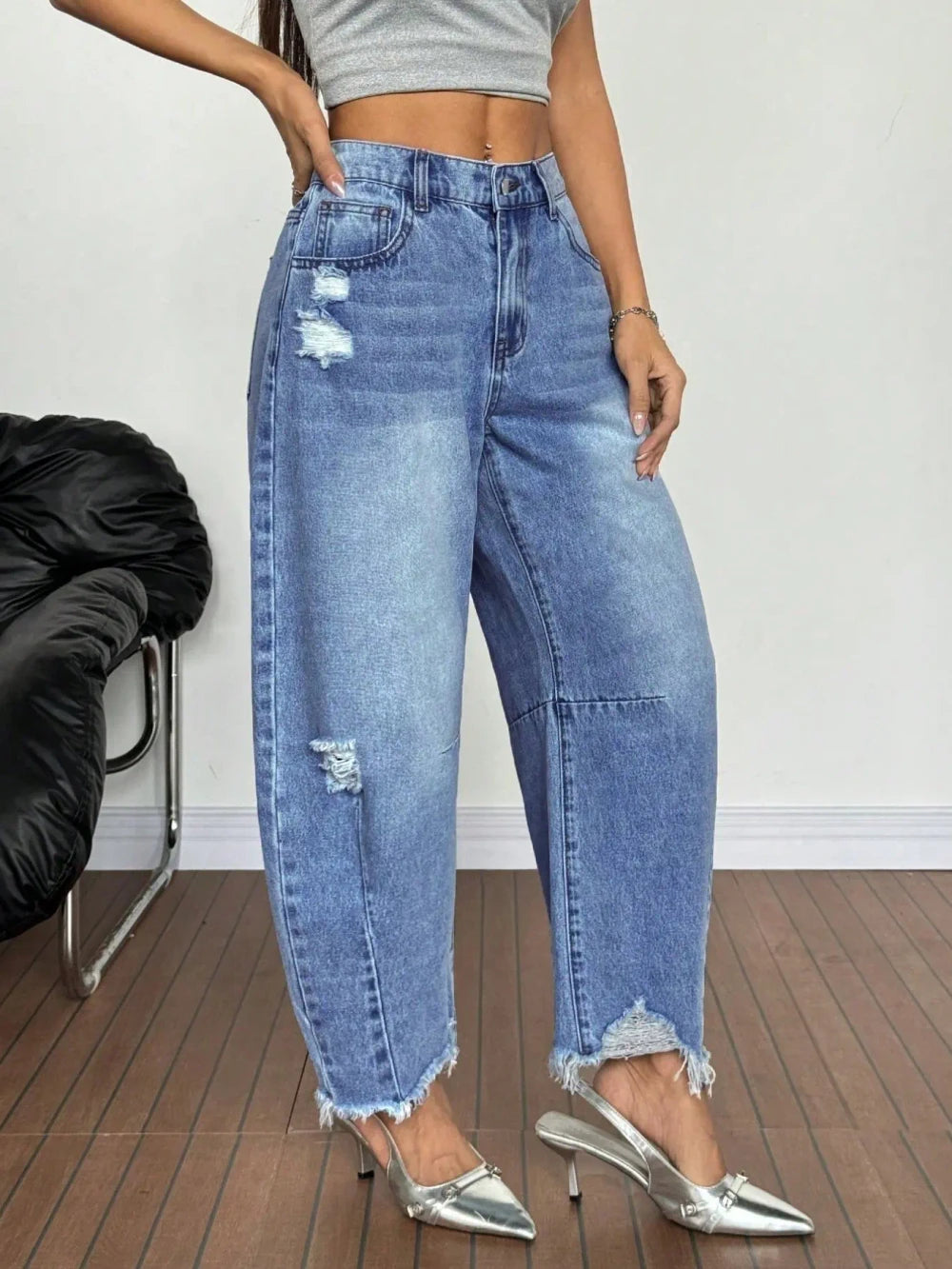 Distressed Wide Leg Denim Jeans