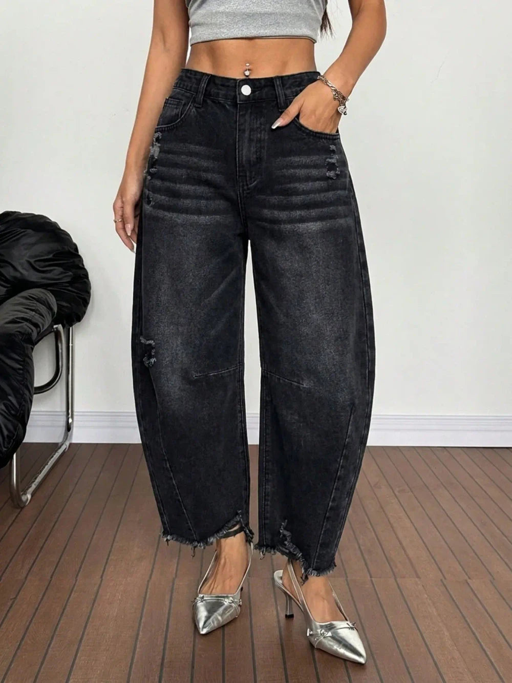 Distressed Wide Leg Denim Jeans