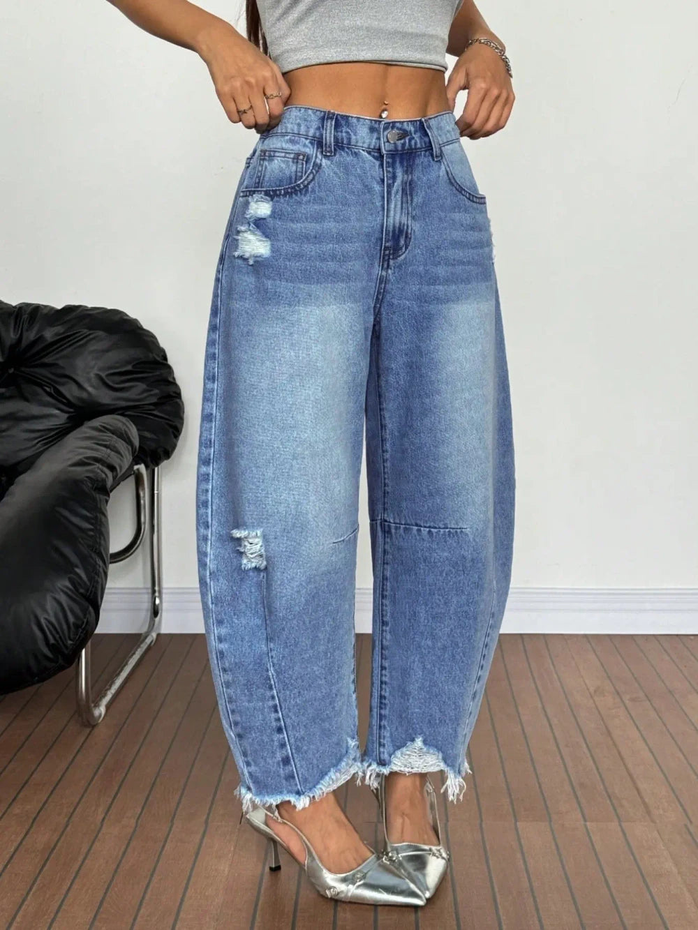 Distressed Wide Leg Denim Jeans