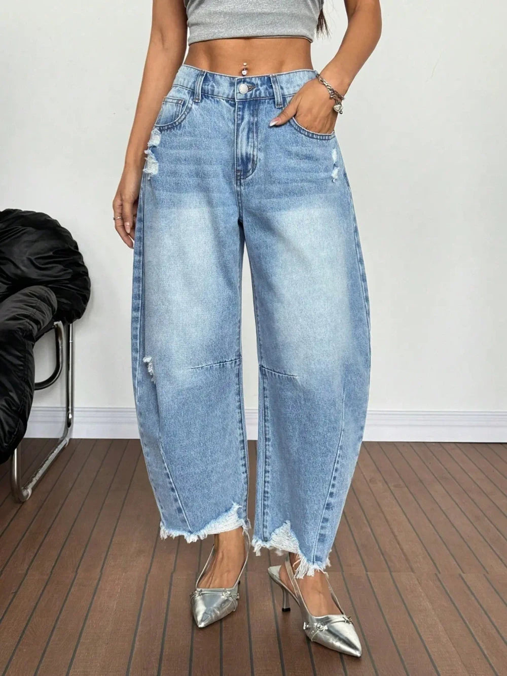 Distressed Wide Leg Denim Jeans