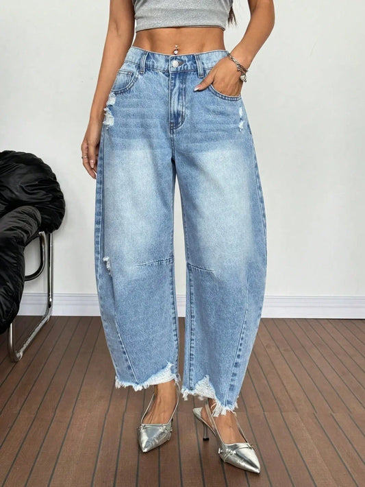 Distressed Wide Leg Denim Jeans