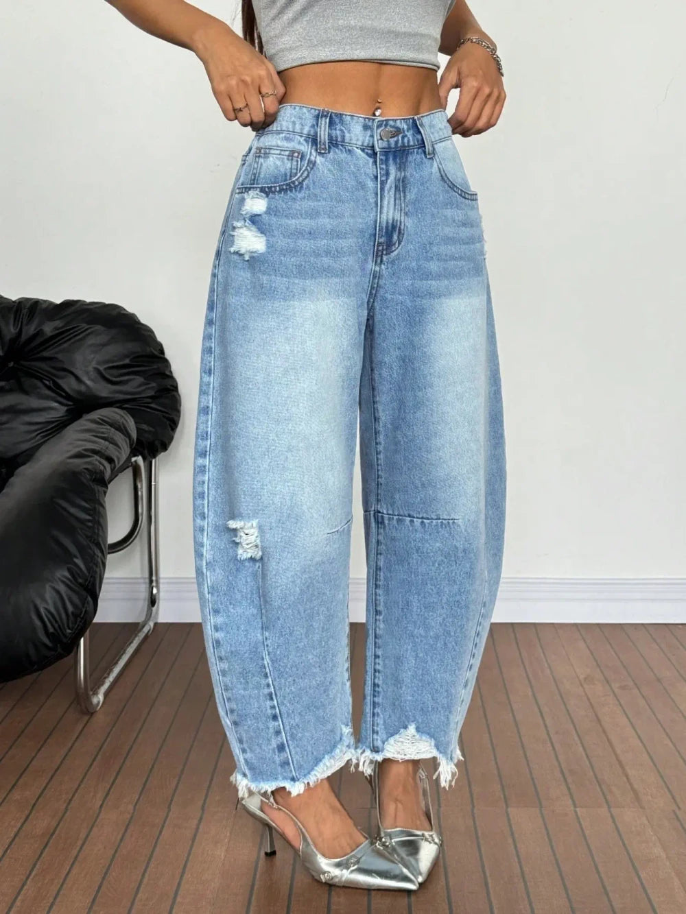 Distressed Wide Leg Denim Jeans