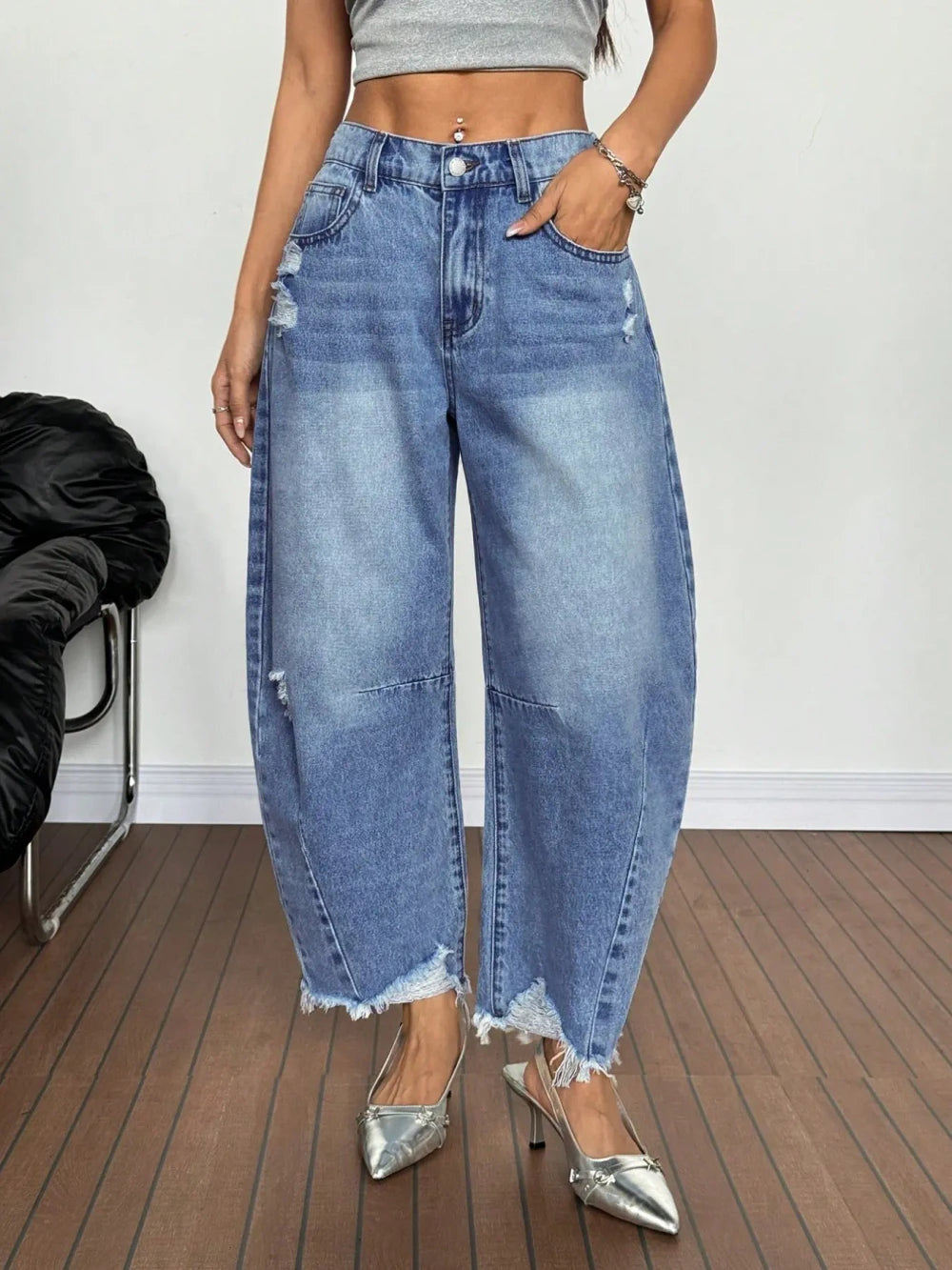 Distressed Wide Leg Denim Jeans
