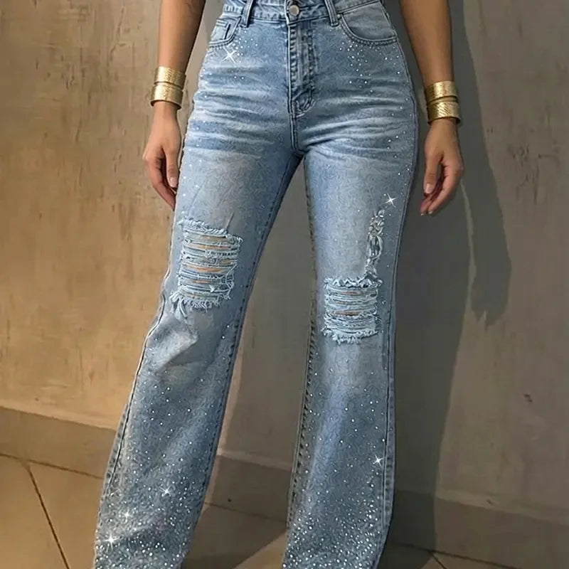 Rhinestone Flare Distressed Jeans