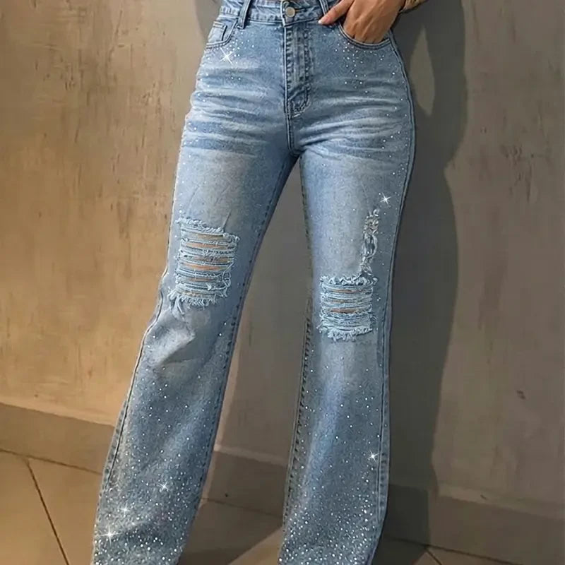 Rhinestone Flare Distressed Jeans