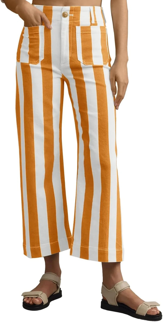 Striped High Waisted Wide Leg Jeans