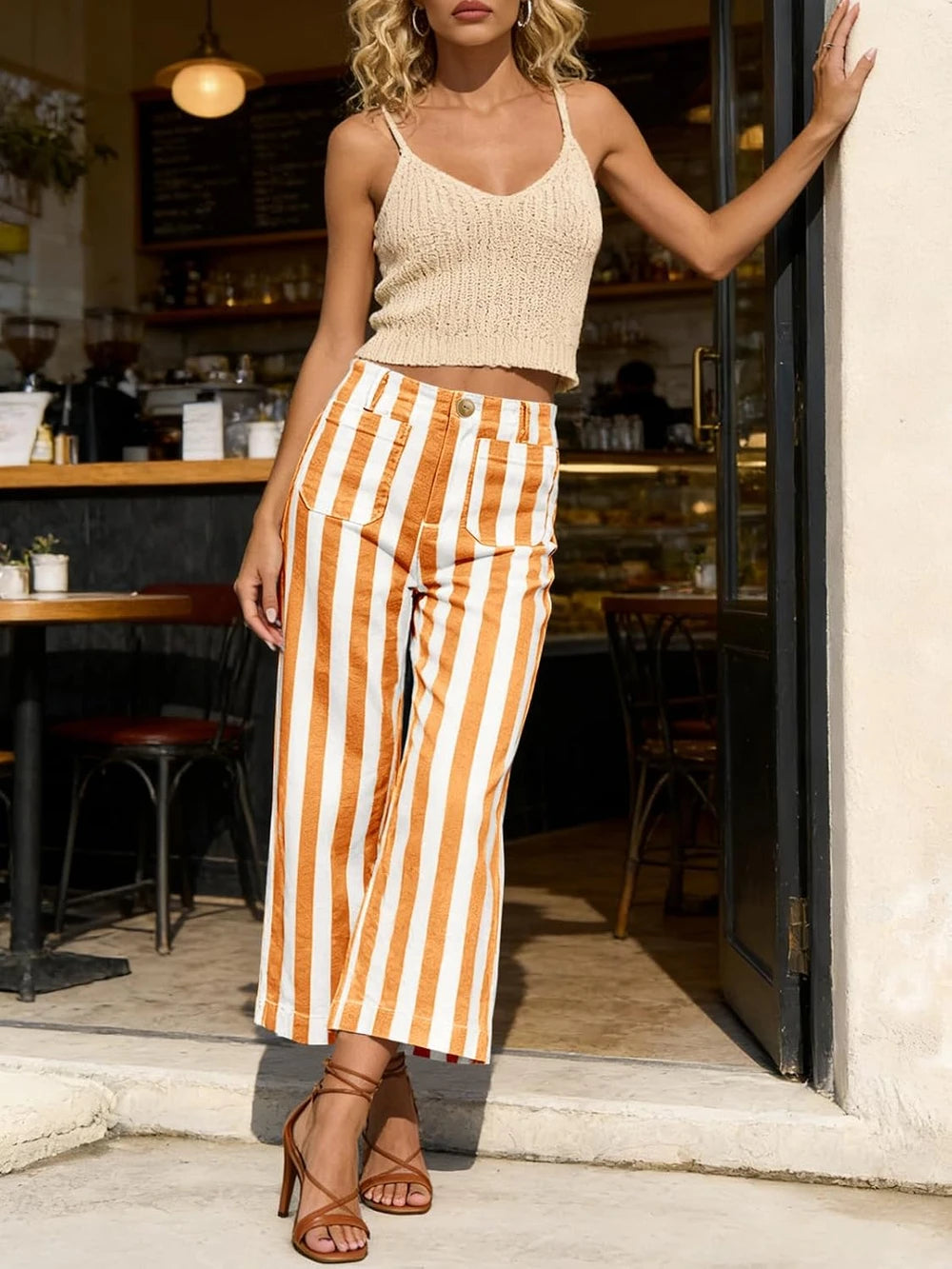 Striped High Waisted Wide Leg Jeans