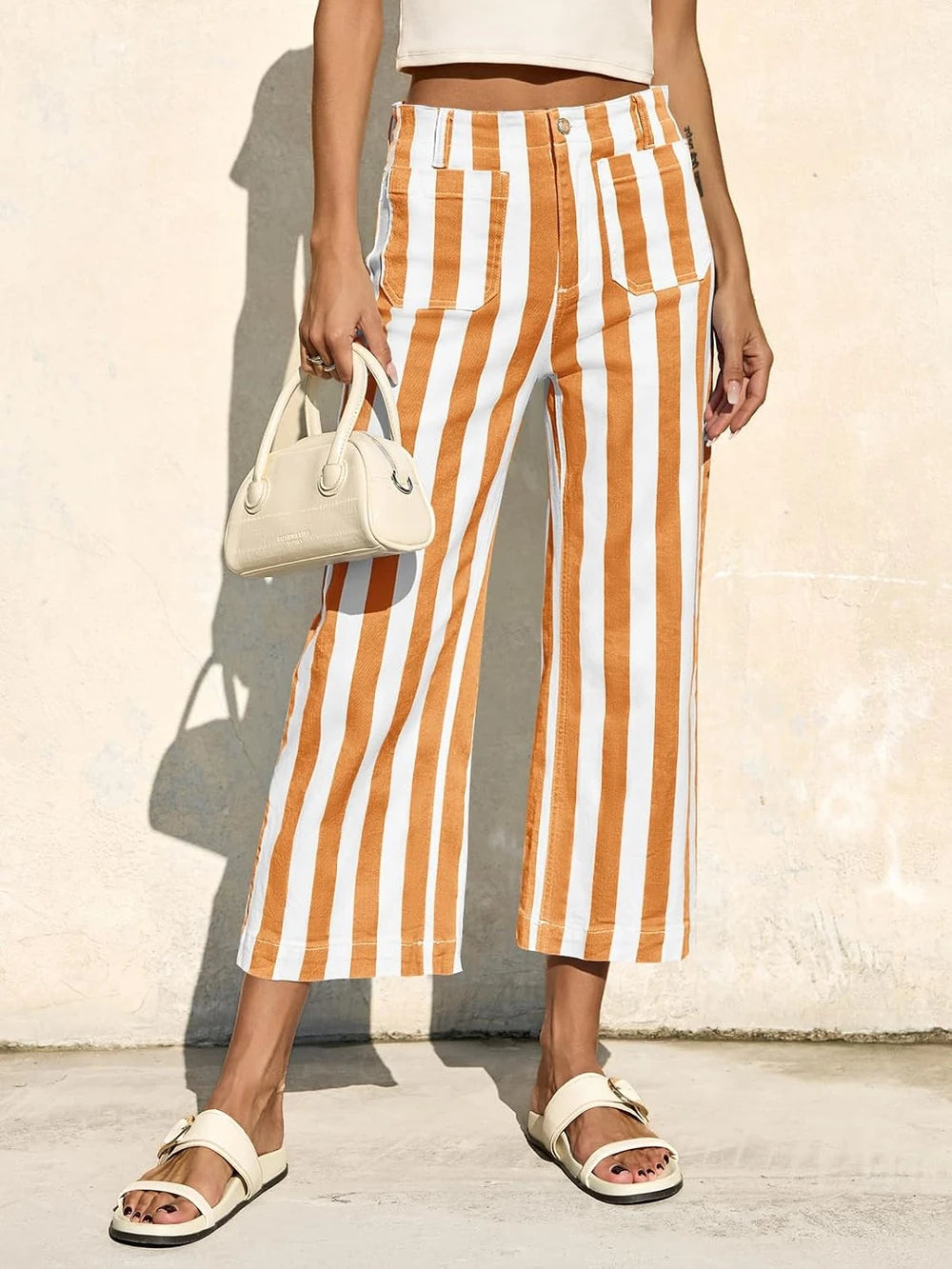 Striped High Waisted Wide Leg Jeans