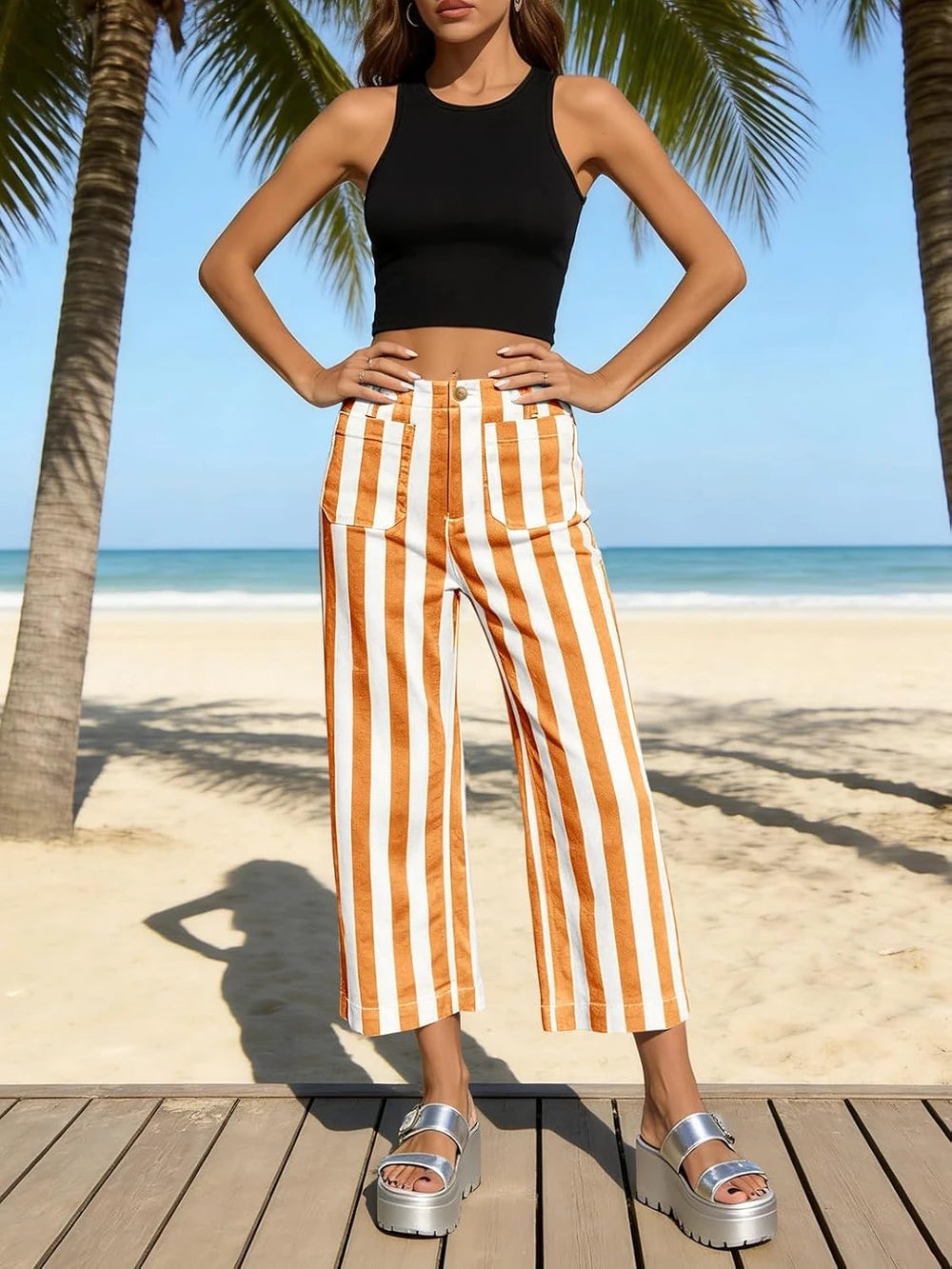 Striped High Waisted Wide Leg Jeans