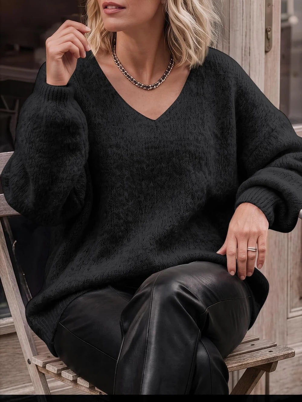 Oversized Chunky Knit V-Neck Sweater
