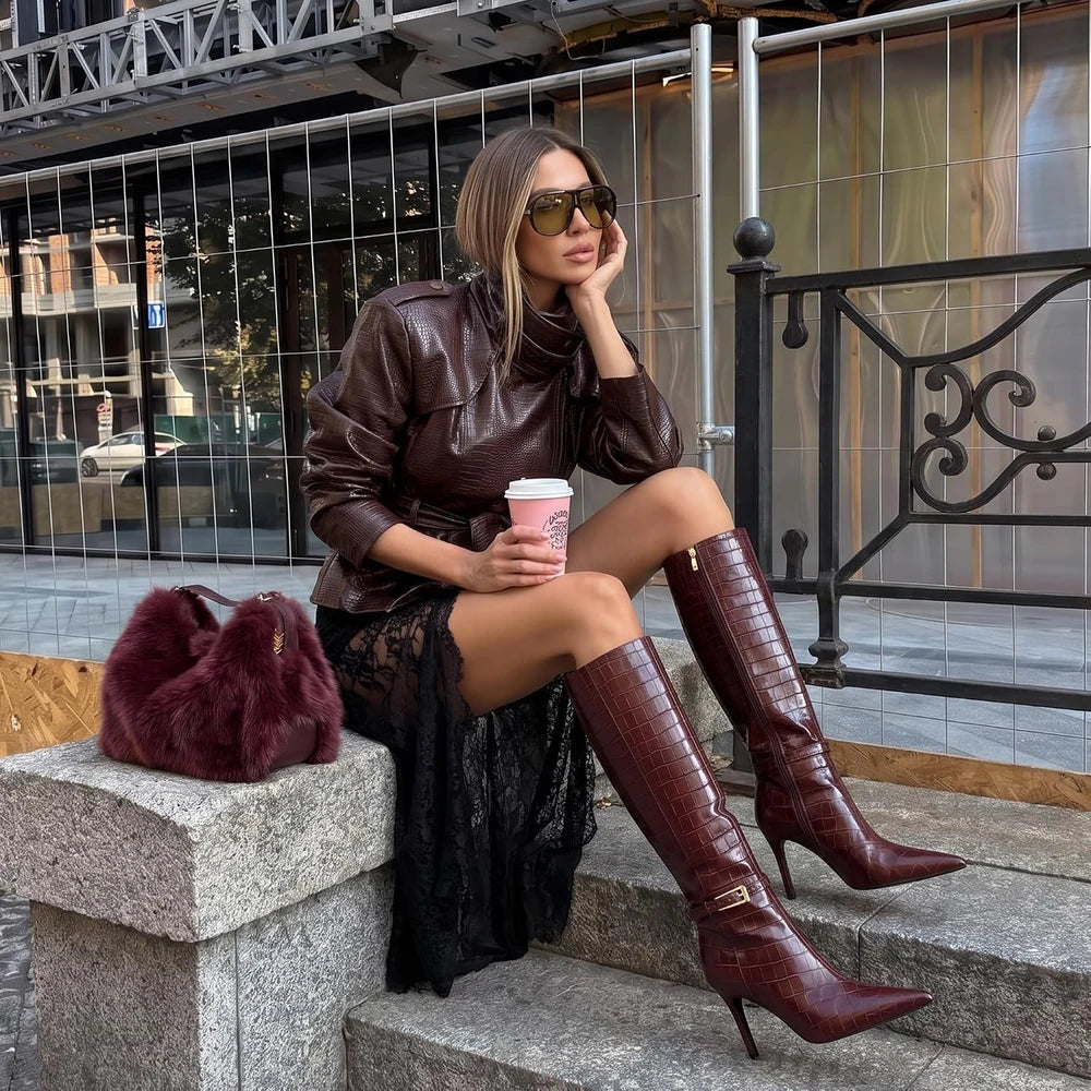 Croc Embossed Knee High Boots