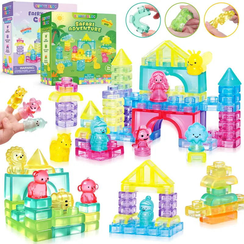 JOYSPOT Gummy Blocks Squishy Jelly Texture, Multi-Color Stacking Building Blocks Toy, Non-Toxic Sensory Play School Use, Safe Squeezable & Stretchable Stress-Relief,Gift for Kids Early Learning Preschool STEM ADHD Bathtoy Christmas Gifts, Halloween Gifts