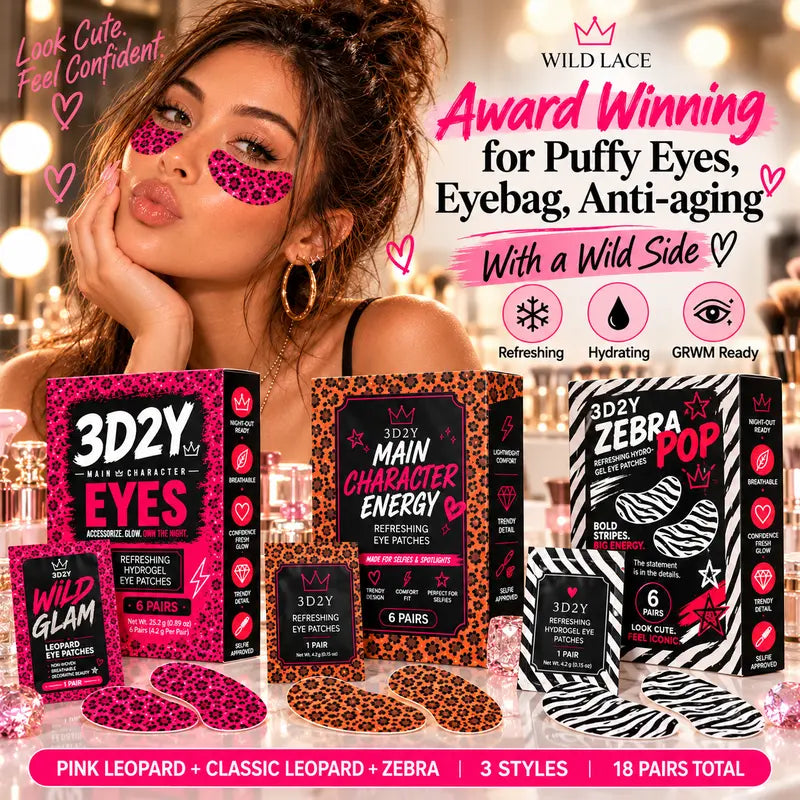 3D2Y Award Winning Eye Patches for Puffy Leopard Print Eye Patches, | Hydrogel Eye Patches with PDRN, Collagen, NAD | Refreshing for Puffy, Tired Eyes | Firming for Look of Wrinkles, Fine Lines | Korean Skincare Soft-Matte Face Accessories ,6 Pairs