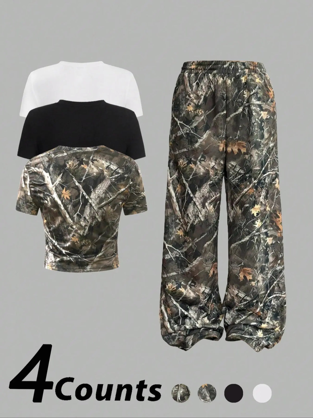 Women'S Camo Print Crop round Neck Tee & Overlap Waist Wide Leg Pants Set, Casual Streetwear Set, Casual Slim Short Sleeve T-Shirt & Trousers for Daily Wear, Ladies Summer Clothes, Clothing, Womenswear, Cropped Top Set, Casual Fashion Set