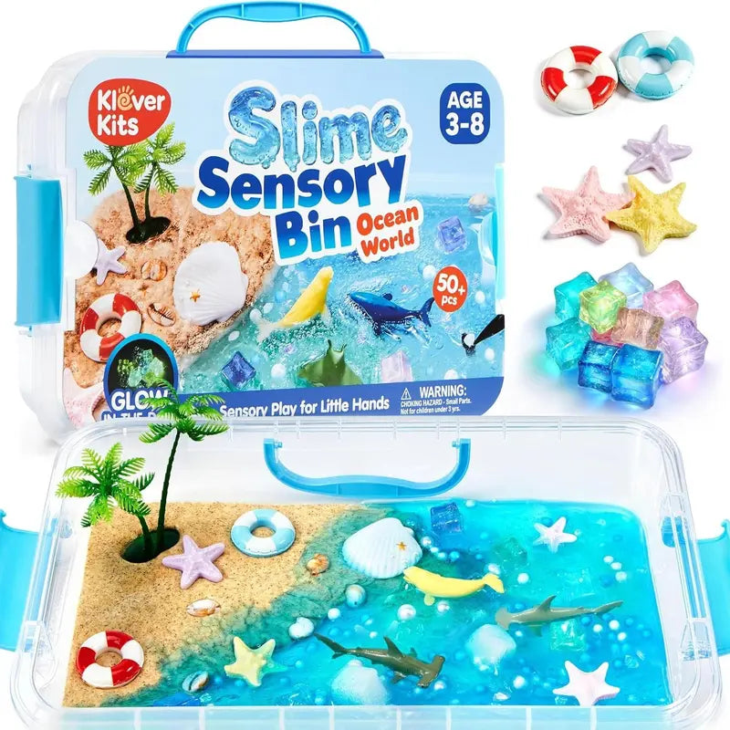 Klever Kits Construction Sensory Bin for Toddlers with Glow in the Dark Stones, Sandbox with Lid Castle Building Kit, Preschool Learning Activities Gifts for Boys Girls Age 3,Outer Space/Pet/ Dinosaur/Ocean/Witch’S Magic Soup，Halloween Gift