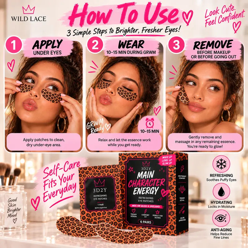 3D2Y Award Winning Eye Patches for Puffy Leopard Print Eye Patches, | Hydrogel Eye Patches with PDRN, Collagen, NAD | Refreshing for Puffy, Tired Eyes | Firming for Look of Wrinkles, Fine Lines | Korean Skincare Soft-Matte Face Accessories ,6 Pairs