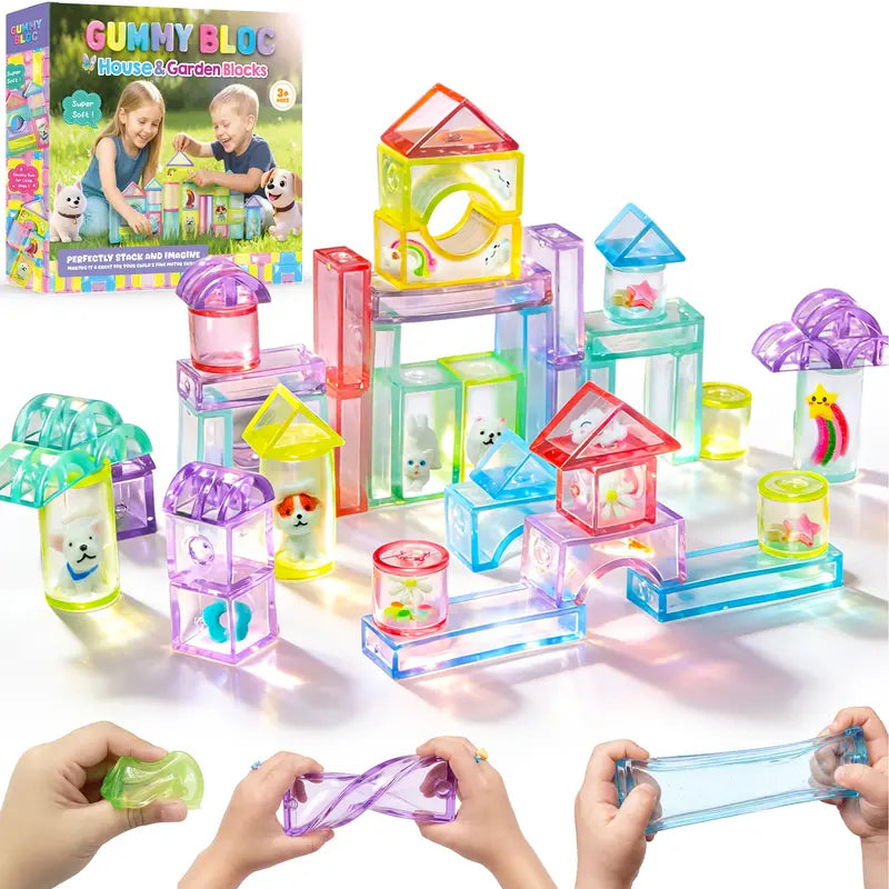 JOYSPOT Gummy Blocks Squishy Jelly Texture, Multi-Color Stacking Building Blocks Toy, Non-Toxic Sensory Play School Use, Safe Squeezable & Stretchable Stress-Relief,Gift for Kids Early Learning Preschool STEM ADHD Bathtoy Christmas Gifts, Halloween Gifts