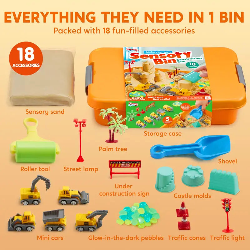Klever Kits Construction Sensory Bin for Toddlers with Glow in the Dark Stones, Sandbox with Lid Castle Building Kit, Preschool Learning Activities Gifts for Boys Girls Age 3,Outer Space/Pet/ Dinosaur/Ocean/Witch’S Magic Soup，Halloween Gift