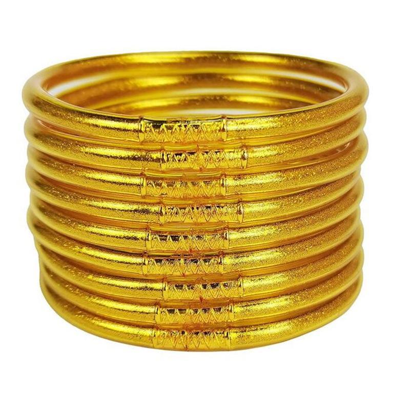 9-Piece Jelly Bangle Bracelets for Women, Trendy Solid Hue Bracelet Stacks, Stackable Jewelry for Party & Daily Wear, Party Wear, Solid Hues, Stacked Set, Basic, Female, Modern, Beads, Leopard Print, Champagne Gold, Beaded Bracelet Set, Fashionable Bracel