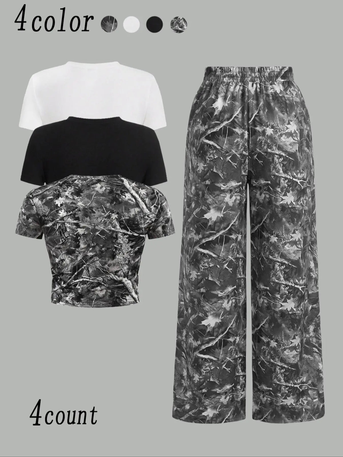 Women'S Camo Print Crop round Neck Tee & Overlap Waist Wide Leg Pants Set, Casual Streetwear Set, Casual Slim Short Sleeve T-Shirt & Trousers for Daily Wear, Ladies Summer Clothes, Clothing, Womenswear, Cropped Top Set, Casual Fashion Set