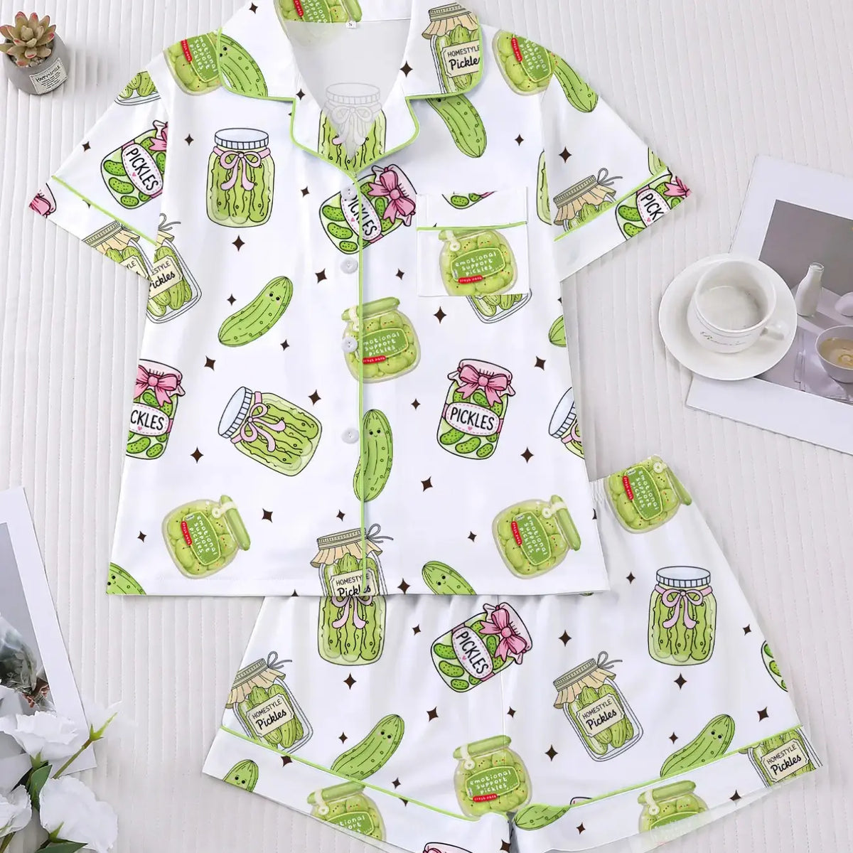 Women'S 2-Piece Pajama Set, Nightwear, Pjs, Cartoon Print, Casual Fitted Style, Short Sleeve Shirt & Elastic Shorts, Comfortable Home Wear, Loungewear, Romantic Gift, Homewear, Pajama Lounge Sets, Pajama Clothes