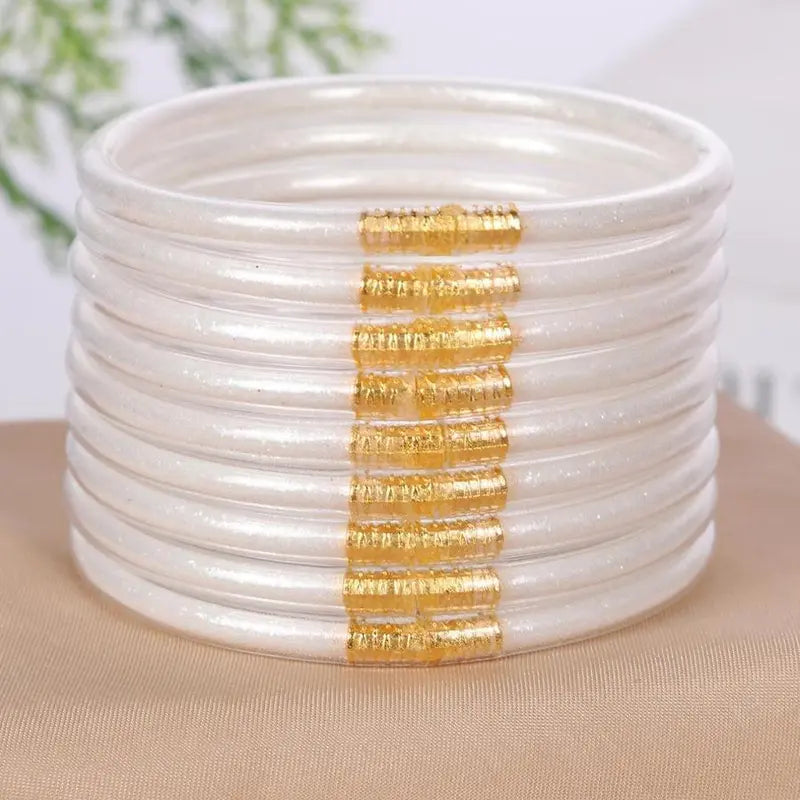 9-Piece Jelly Bangle Bracelets for Women, Trendy Solid Hue Bracelet Stacks, Stackable Jewelry for Party & Daily Wear, Party Wear, Solid Hues, Stacked Set, Basic, Female, Modern, Beads, Leopard Print, Champagne Gold, Beaded Bracelet Set, Fashionable Bracel
