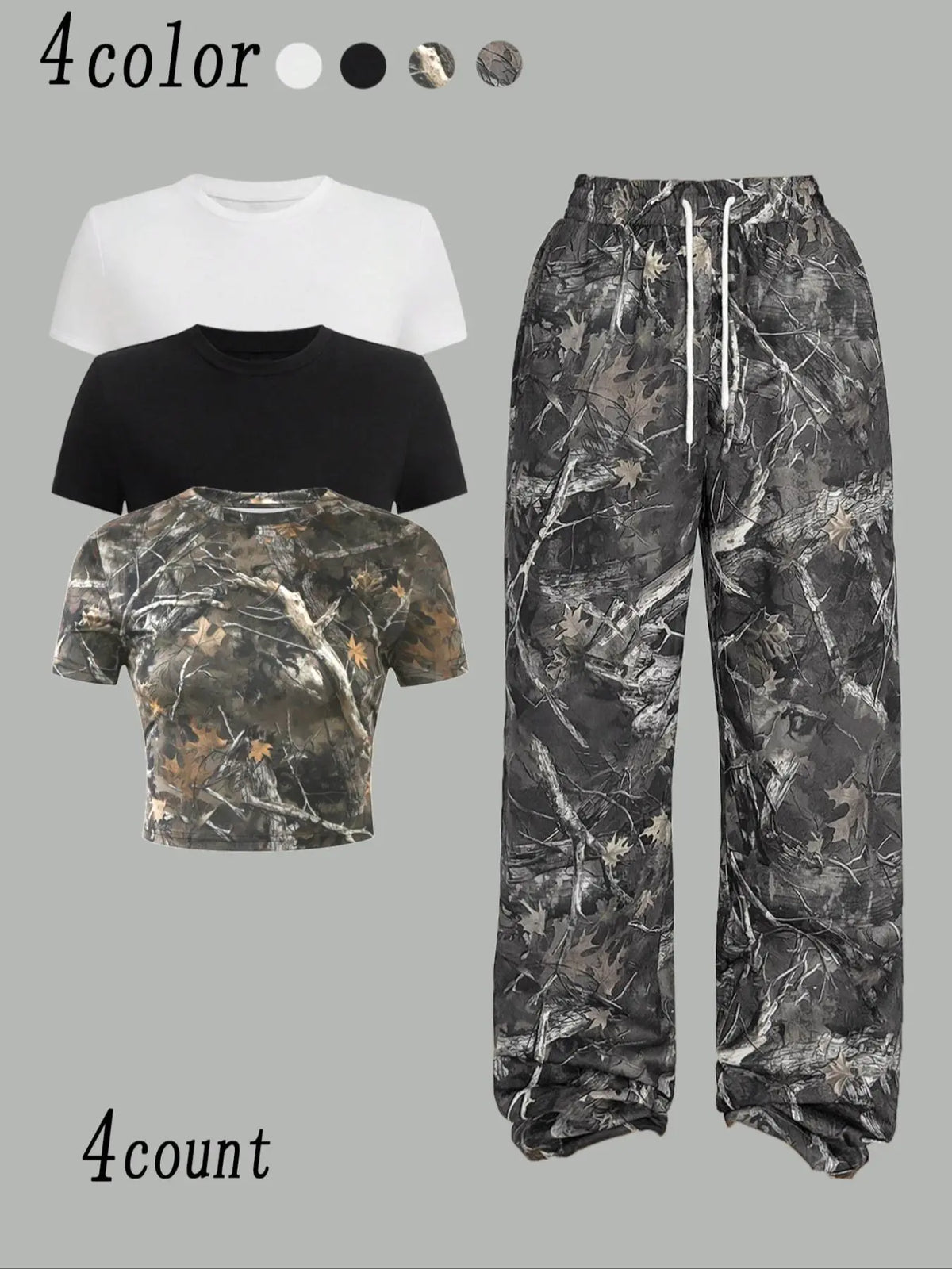 Women'S Camo Print Crop round Neck Tee & Overlap Waist Wide Leg Pants Set, Casual Streetwear Set, Casual Slim Short Sleeve T-Shirt & Trousers for Daily Wear, Ladies Summer Clothes, Clothing, Womenswear, Cropped Top Set, Casual Fashion Set