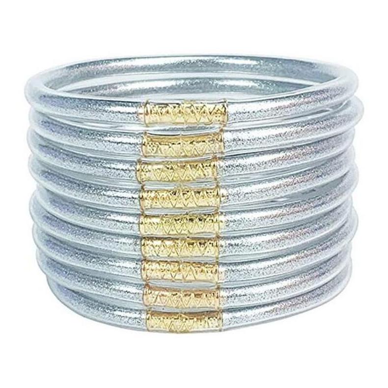 9-Piece Jelly Bangle Bracelets for Women, Trendy Solid Hue Bracelet Stacks, Stackable Jewelry for Party & Daily Wear, Party Wear, Solid Hues, Stacked Set, Basic, Female, Modern, Beads, Leopard Print, Champagne Gold, Beaded Bracelet Set, Fashionable Bracel