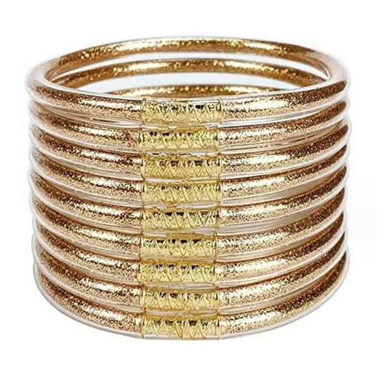 9-Piece Jelly Bangle Bracelets for Women, Trendy Solid Hue Bracelet Stacks, Stackable Jewelry for Party & Daily Wear, Party Wear, Solid Hues, Stacked Set, Basic, Female, Modern, Beads, Leopard Print, Champagne Gold, Beaded Bracelet Set, Fashionable Bracel
