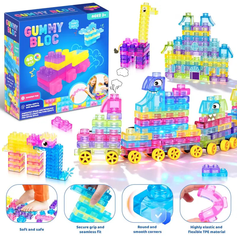 JOYSPOT Gummy Blocks Squishy Jelly Texture, Multi-Color Stacking Building Blocks Toy, Non-Toxic Sensory Play School Use, Safe Squeezable & Stretchable Stress-Relief,Gift for Kids Early Learning Preschool STEM ADHD Bathtoy Christmas Gifts, Halloween Gifts