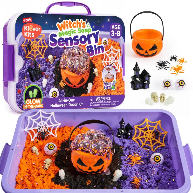 Klever Kits Construction Sensory Bin for Toddlers with Glow in the Dark Stones, Sandbox with Lid Castle Building Kit, Preschool Learning Activities Gifts for Boys Girls Age 3,Outer Space/Pet/ Dinosaur/Ocean/Witch’S Magic Soup，Halloween Gift