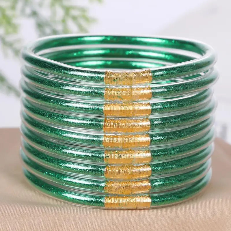 9-Piece Jelly Bangle Bracelets for Women, Trendy Solid Hue Bracelet Stacks, Stackable Jewelry for Party & Daily Wear, Party Wear, Solid Hues, Stacked Set, Basic, Female, Modern, Beads, Leopard Print, Champagne Gold, Beaded Bracelet Set, Fashionable Bracel